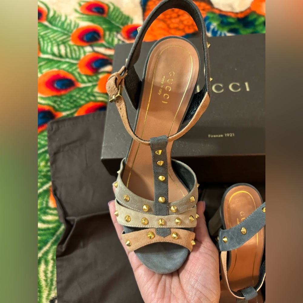 **SOLD** Gucci 5” Heeled Sandals w/ Gold Studs - EUC - Picture 2 of 10